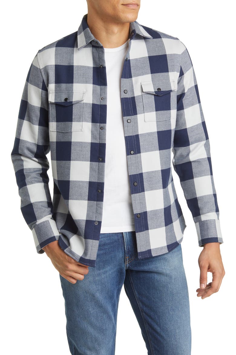 Trim Fit Buffalo Check Snap-Up Shirt Jacket, Main, color, GREY - NAVY BUFFALO