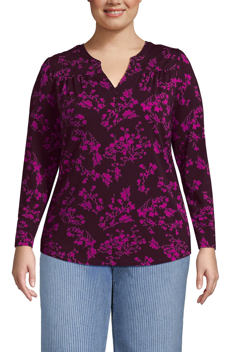 Lands' End Long Sleeve Lightweight Jersey Notch Neck Tunic Top, Main, color, Lush Burgundy Wildflowers