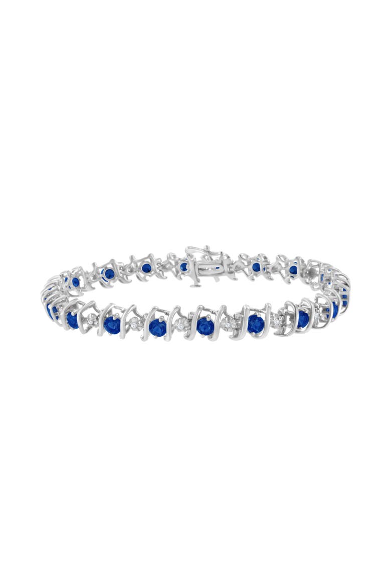 .925 Sterling Silver Lab-Grown Birthstone and 1/6 Cttw Diamond Tennis Bracelet, Main, color, Blue Sapphire