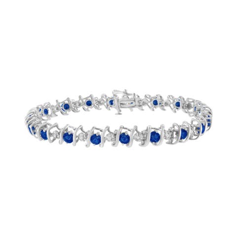.925 Sterling Silver Lab-Grown Birthstone and 1/6 Cttw Diamond Tennis Bracelet