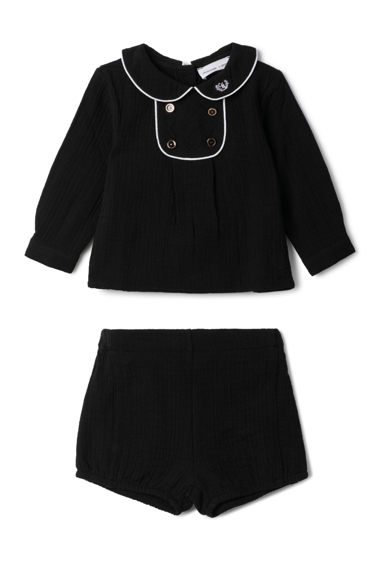 Charlotte & George Crest Embroidered Cotton Shirt and Shorts Set, Main, color, Black