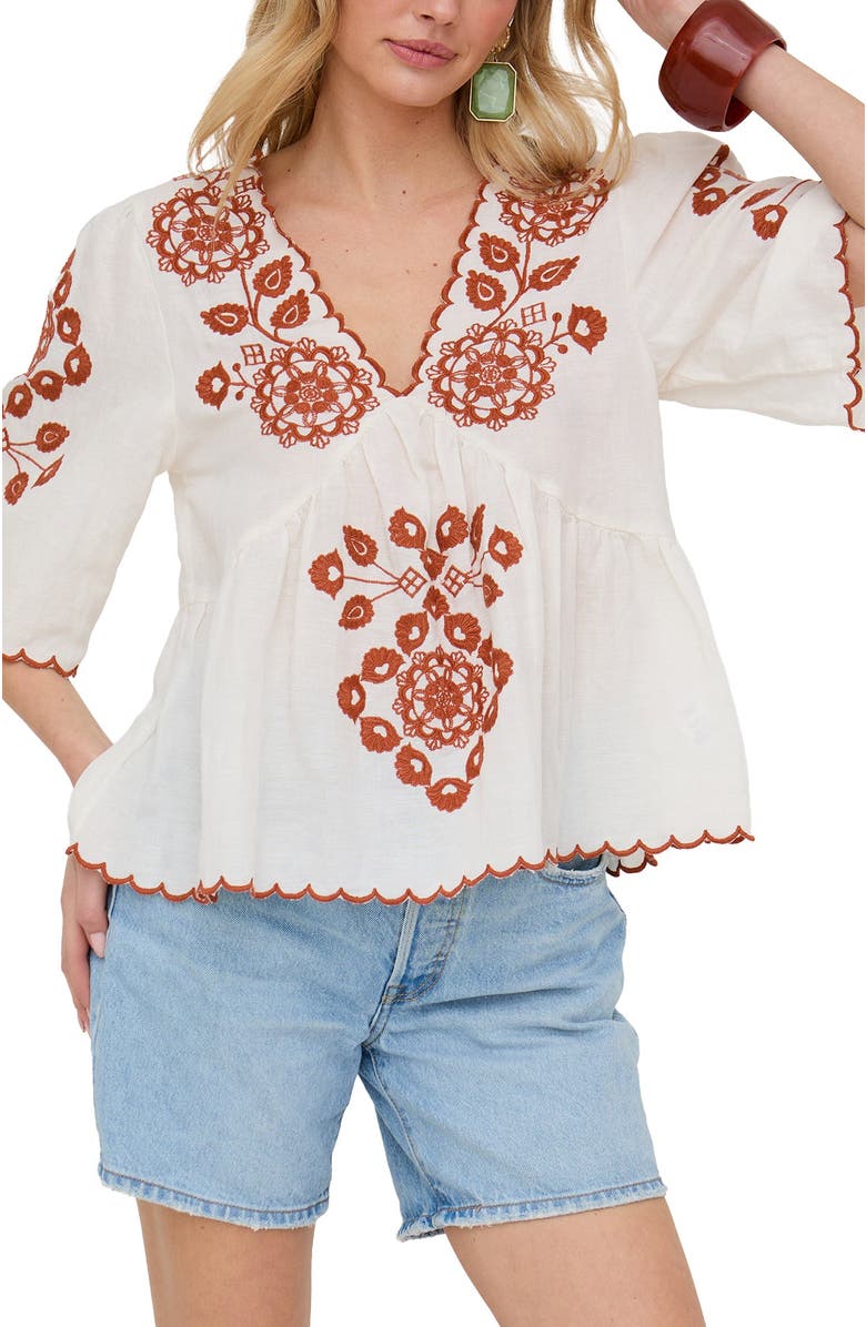 Raffya Aubrey V-Neck Embroidered Blouse, Main, color, Cream