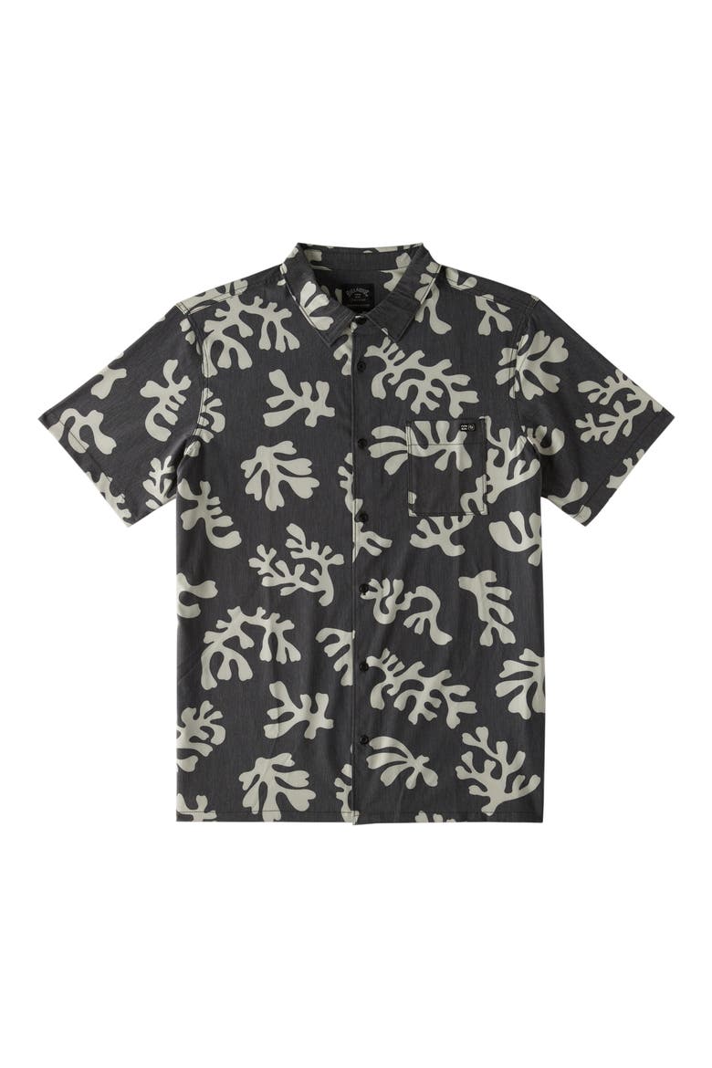 Coral Print Short Sleeve Button-Up Shirt, Main, color, BLACK