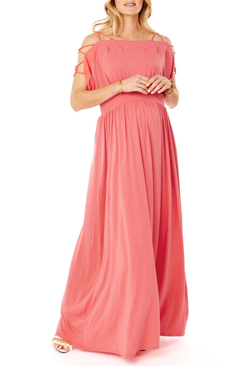 Ingrid & Isabel® Smocked Empire Waist Maternity Maxi Dress, Main, color, CORAL