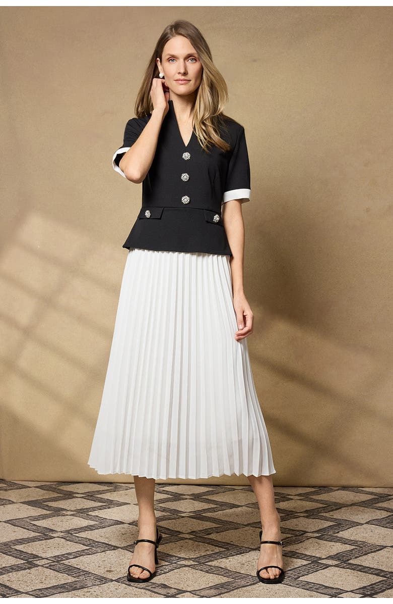 Ming Wang Noelle Pleated Crepe Maxi Dress, Alternate, color, Black/White