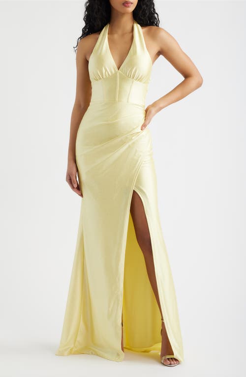 Emerald Sundae Glitter Bow Back Halter Gown In Yellow