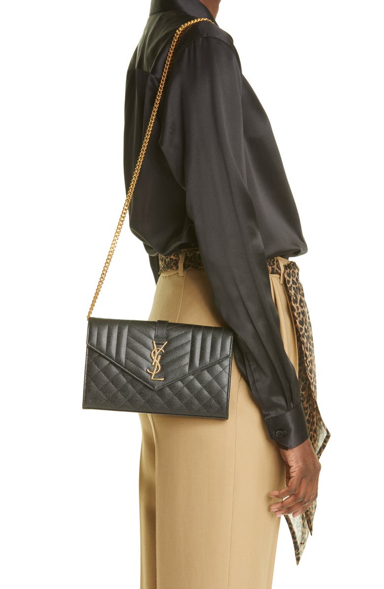 Saint Laurent Envelope Quilted Pebbled Leather Wallet on a Chain, Alternate, color,