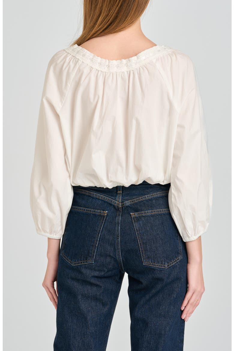 Mia Boho Lace Trim Gathered Stretch Cotton Top, Alternate, color, IVORY