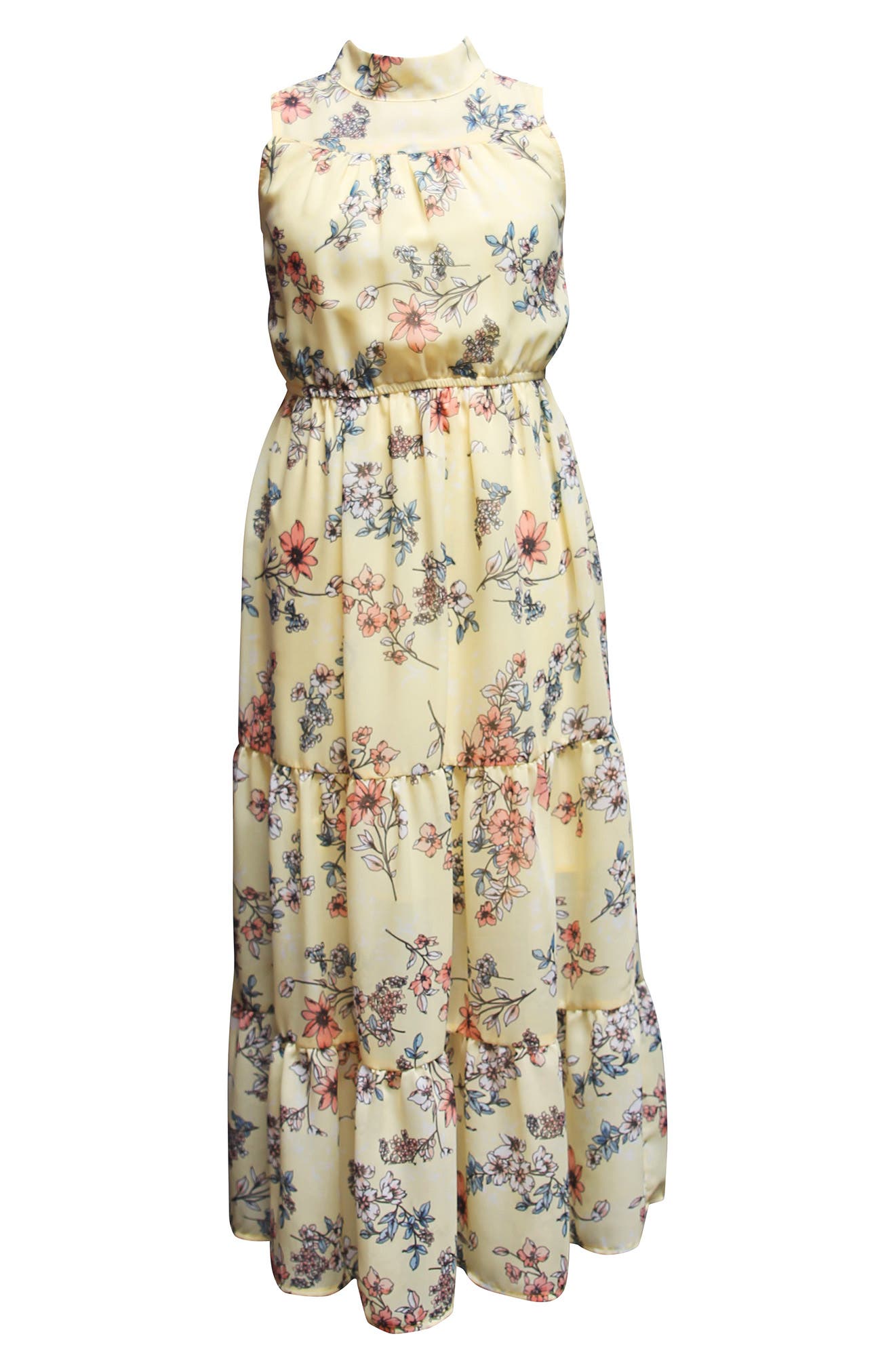 Ava & Yelly AVA AND YELLY Floral Mock Neck Tiered Maxi Dress