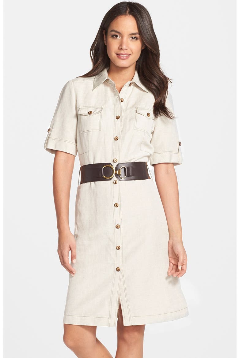 Belted Linen Blend Shirtdress, Main, color, NATURAL