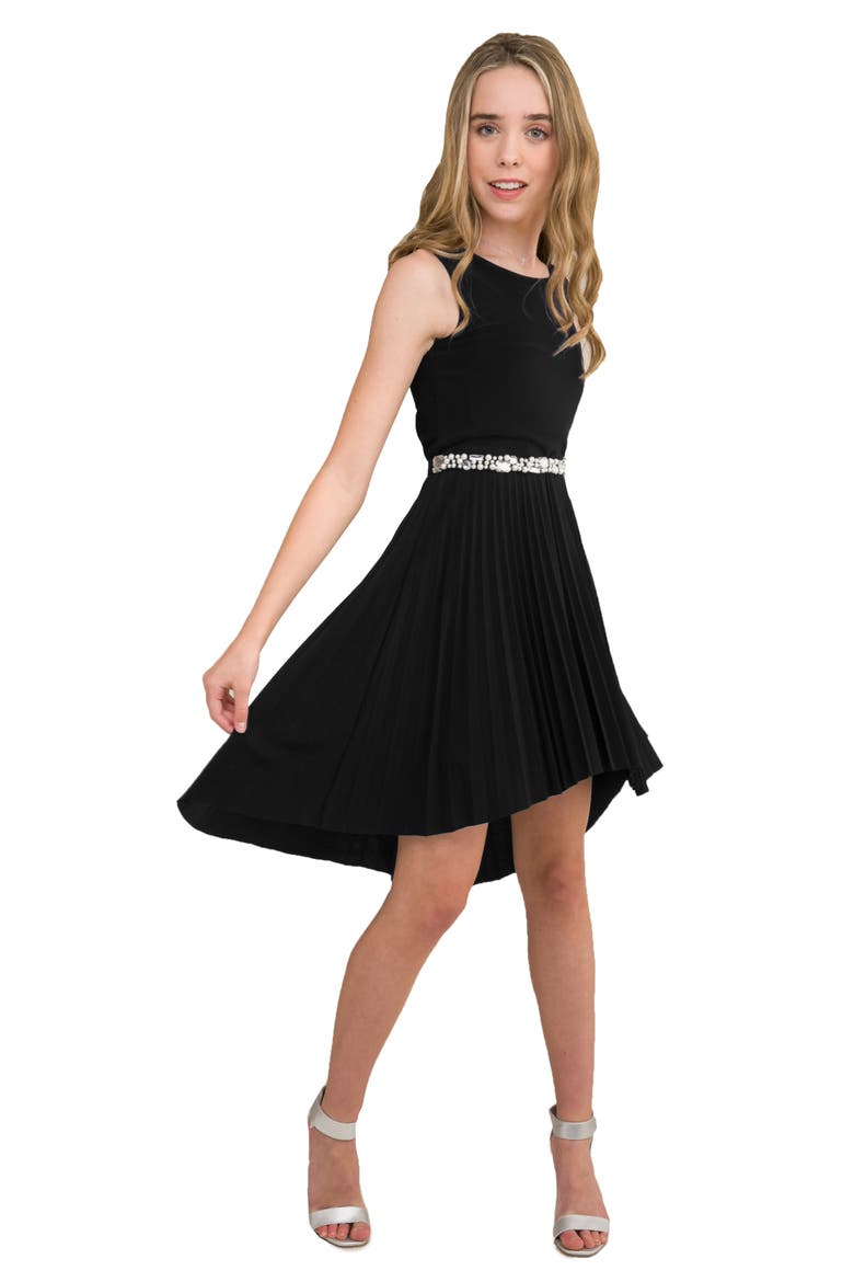 Pleated High Low Dress with Belt, Main, color, Black