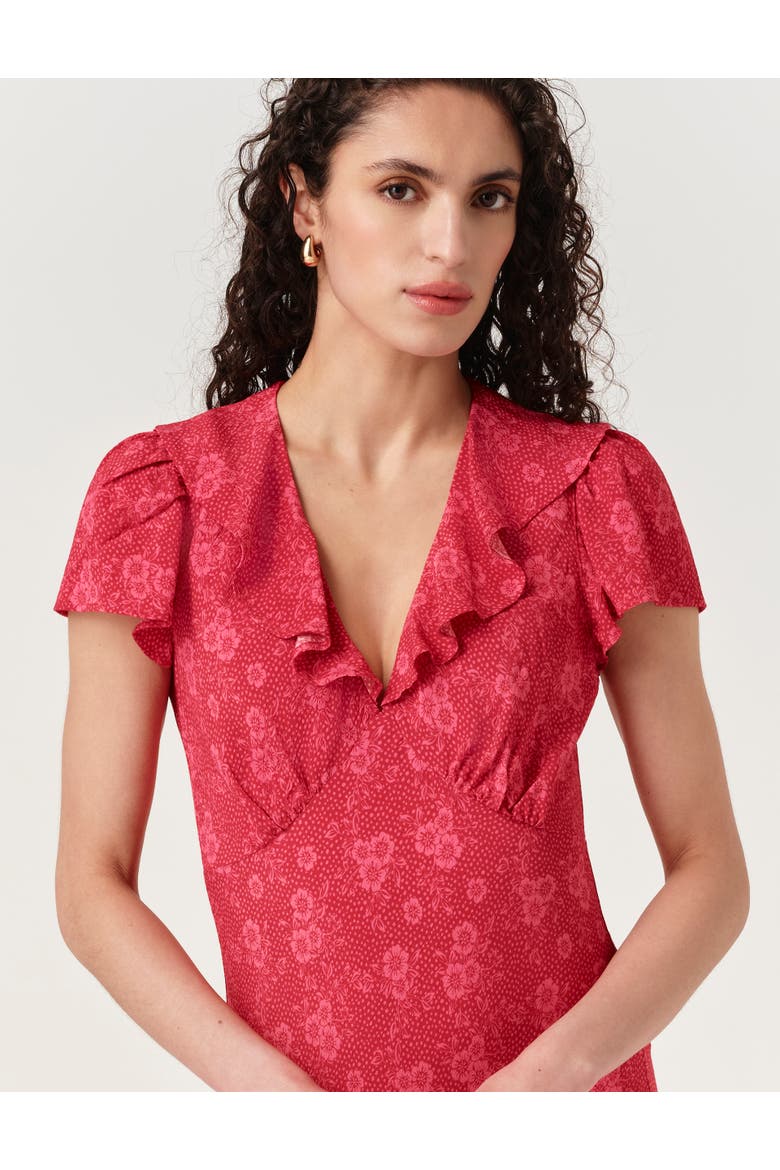 Kimmy Floral Frill Neck Crepe Midi Dress, Alternate, color, Pink Dotty Floral