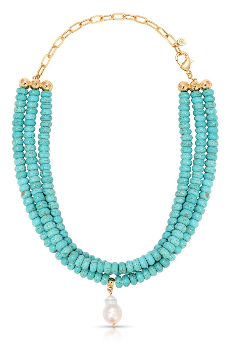 Triple Strand Turquoise & Freshwater Pearl Pendant Necklace, Main, color, TURQUOISE