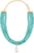 Ettika Triple Strand Turquoise & Freshwater Pearl Pendant Necklace
