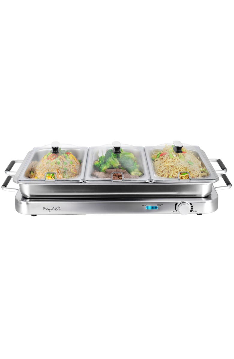 Megachef 3-in-1 Electric Chaffing Buffet Server and Warming Tray with Triple 2.63 Quart Trays and 8.6 Quart Baking Pan, Main, color, Grey