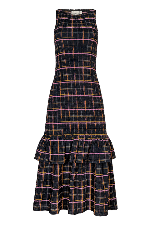 Annie Smocked Plaid Crinkle Midi Dress