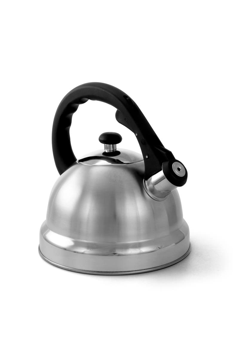 MR COFFEE Claale 2.2 Quart Brushed Stainless Steel Whistling Tea Kettle with Nylon Handle, Main, color, Metallic Silver