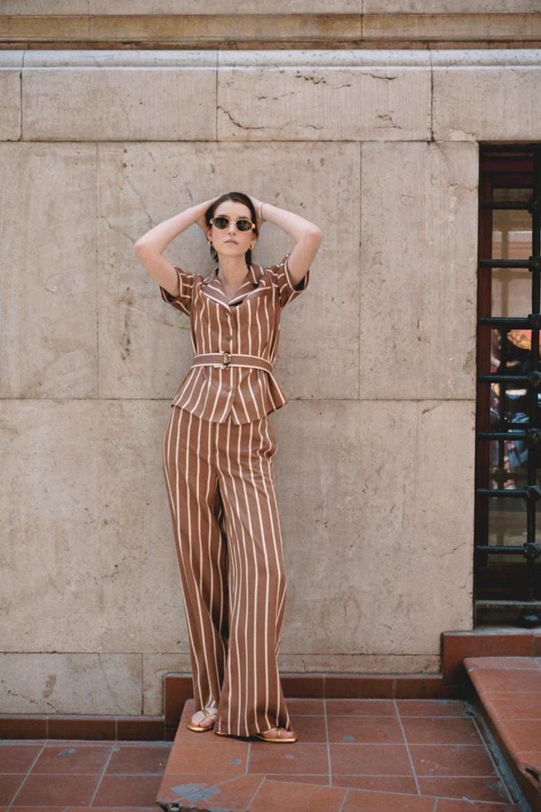 Striped Belted Wide Leg Pants, Alternate, color, HAZELNUT-BEIGE