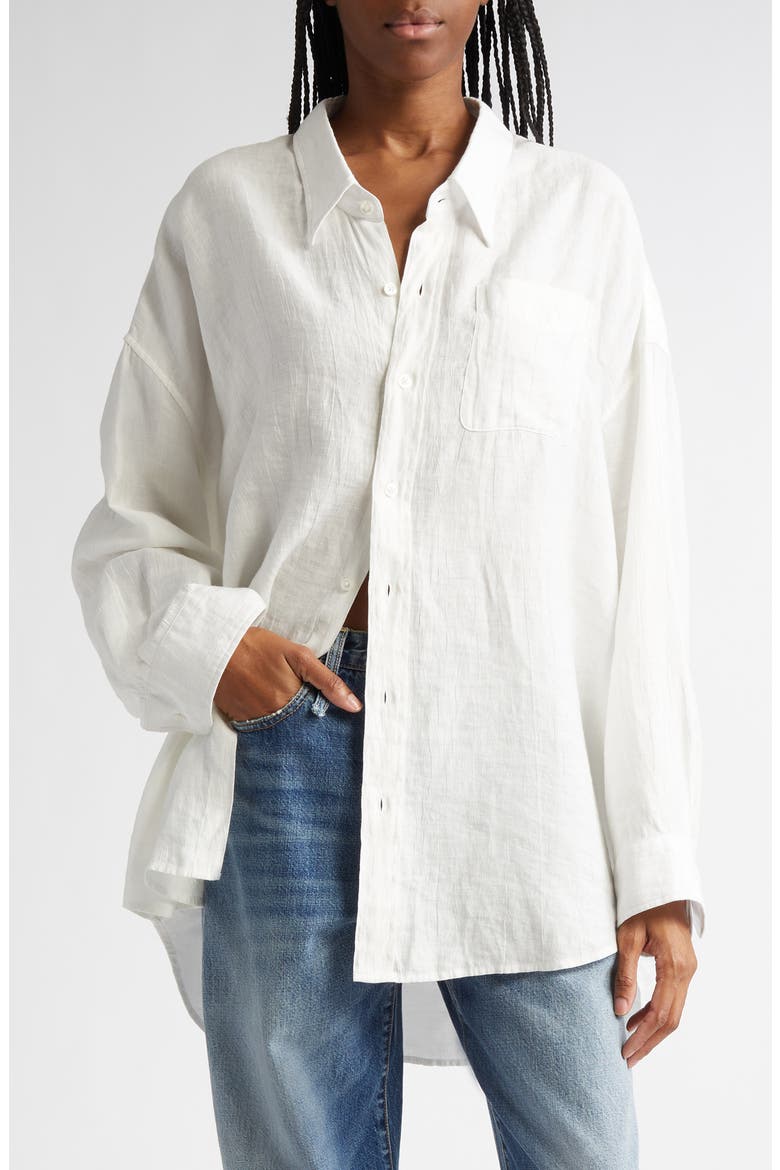 Drop Neck Linen Blend Button-Up Shirt, Main, color, WHITE