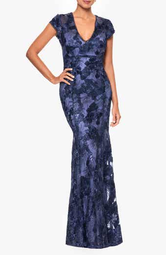 Betsy & Adam Flower Embroidered Cap Sleeve Gown