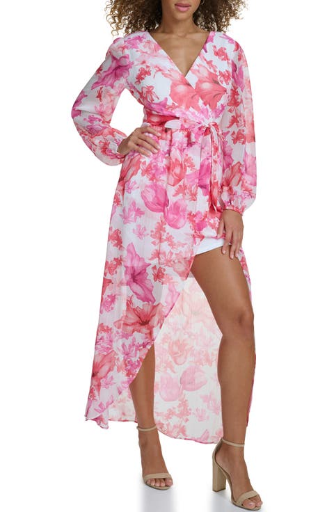 Long Sleeve Floral Faux Wrap Dress