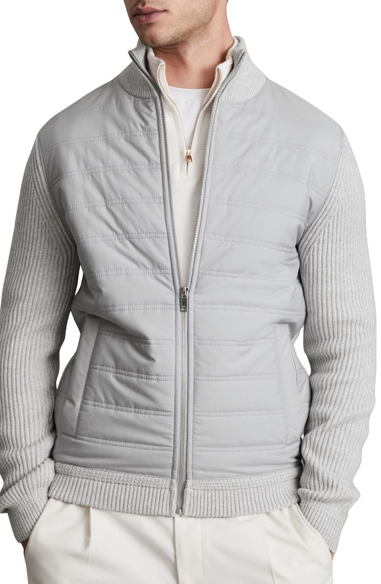 Reiss Trainer Quilted & Ribbed Hybrid Jacket, Main, color, Soft Grey