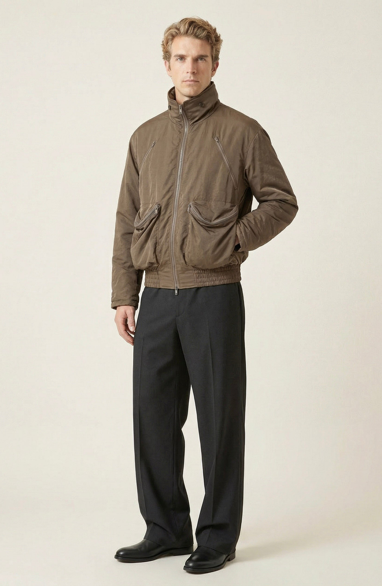 Modenaire Zip Front High Collar Bomber Jacket, Alternate, color, Taupe