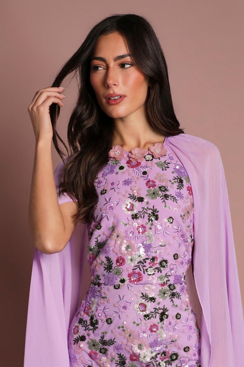 Mesh Floral Embellished Cape Maxi Dress, Alternate, color, Purple