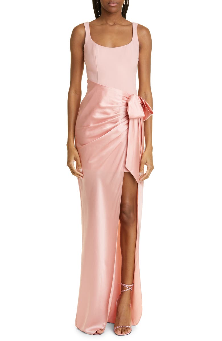 Cinq à Sept Marian Mix Media Side Ruched Gown, Main, color, Peony Pink