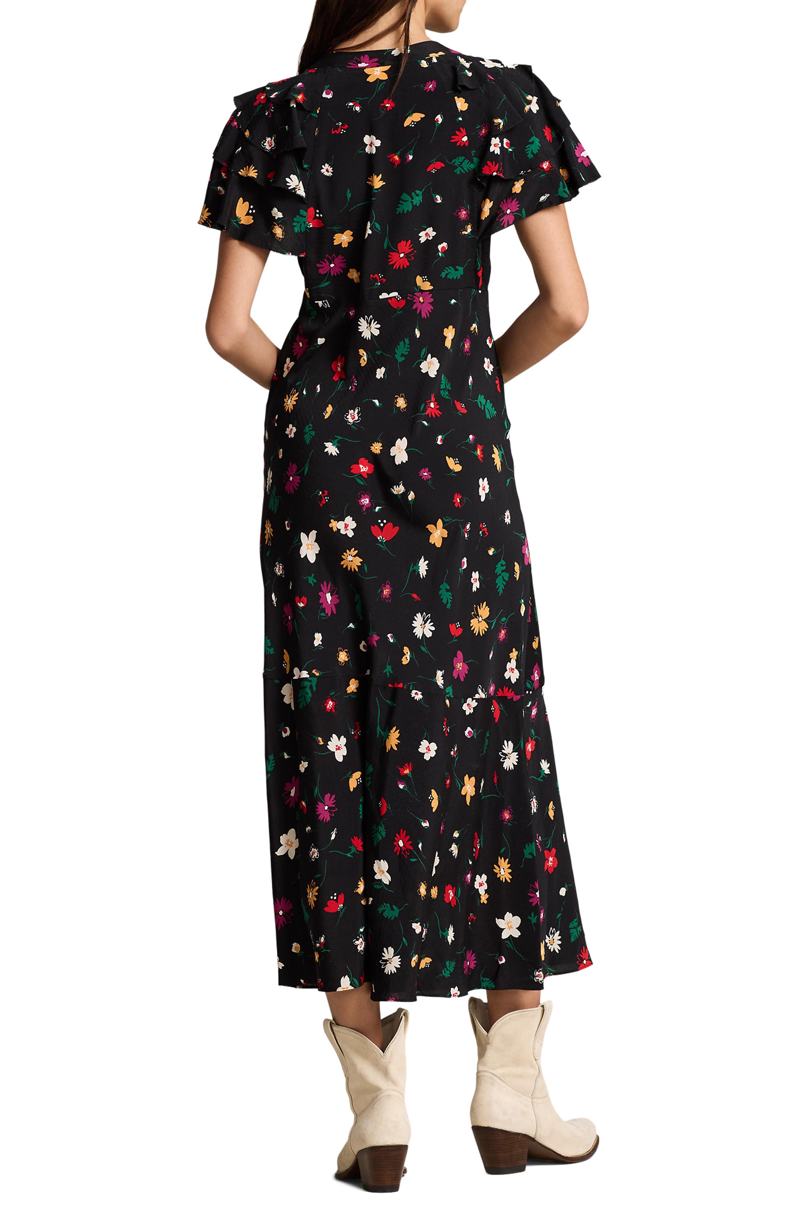 ralph lauren silk blend a line midi dress Polo Nime Floral Mulberry Crepe (Women) A-line wedding dress with slit skirt button front Elbow sleeves Bachelorette Dress Themes | Color:Natural Linen