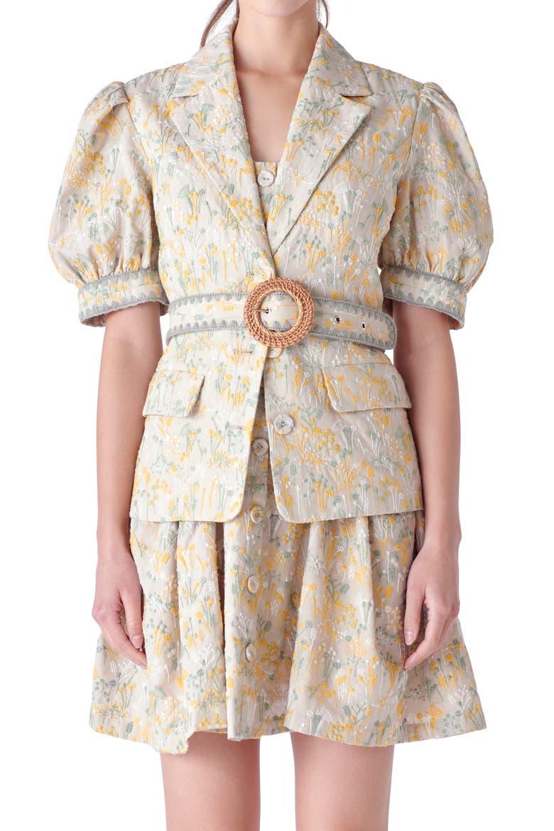 Floral Embroidered Puff Sleeve Blazer, Main, color, TAN MULTI
