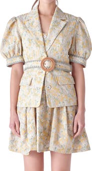 English Factory Floral Embroidered Puff Sleeve Blazer