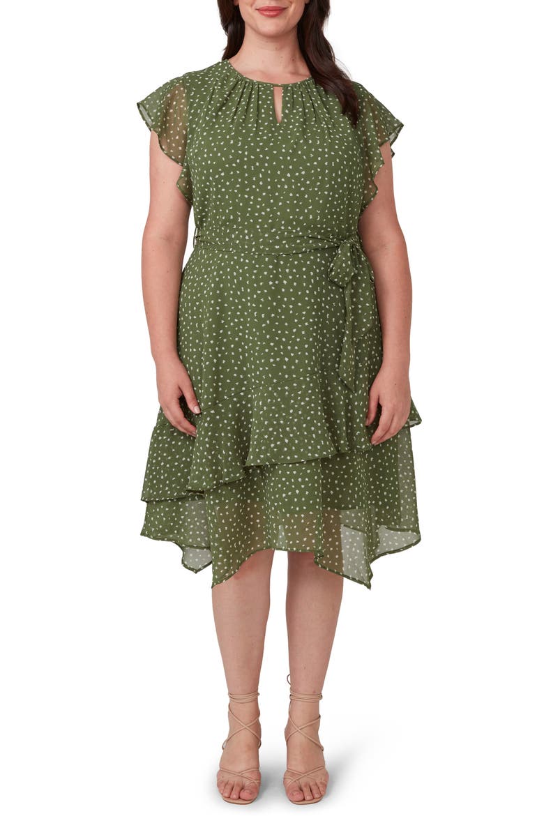 Night Pebble Ruffle Tie Waist Dress, Main, color, SAGE/ MILK