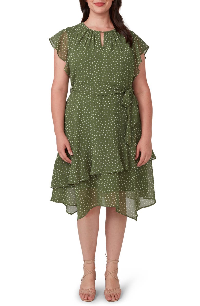 Estelle Night Pebble Ruffle Tie Waist Dress, Main, color, Sage/ Milk