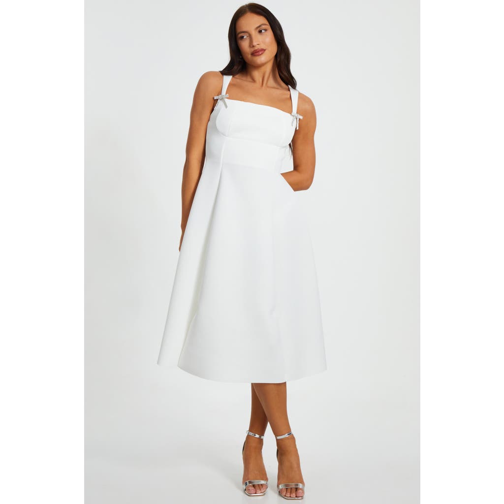 Quiz Scuba Foam Midi Skater Dress With Diamante Bows In White