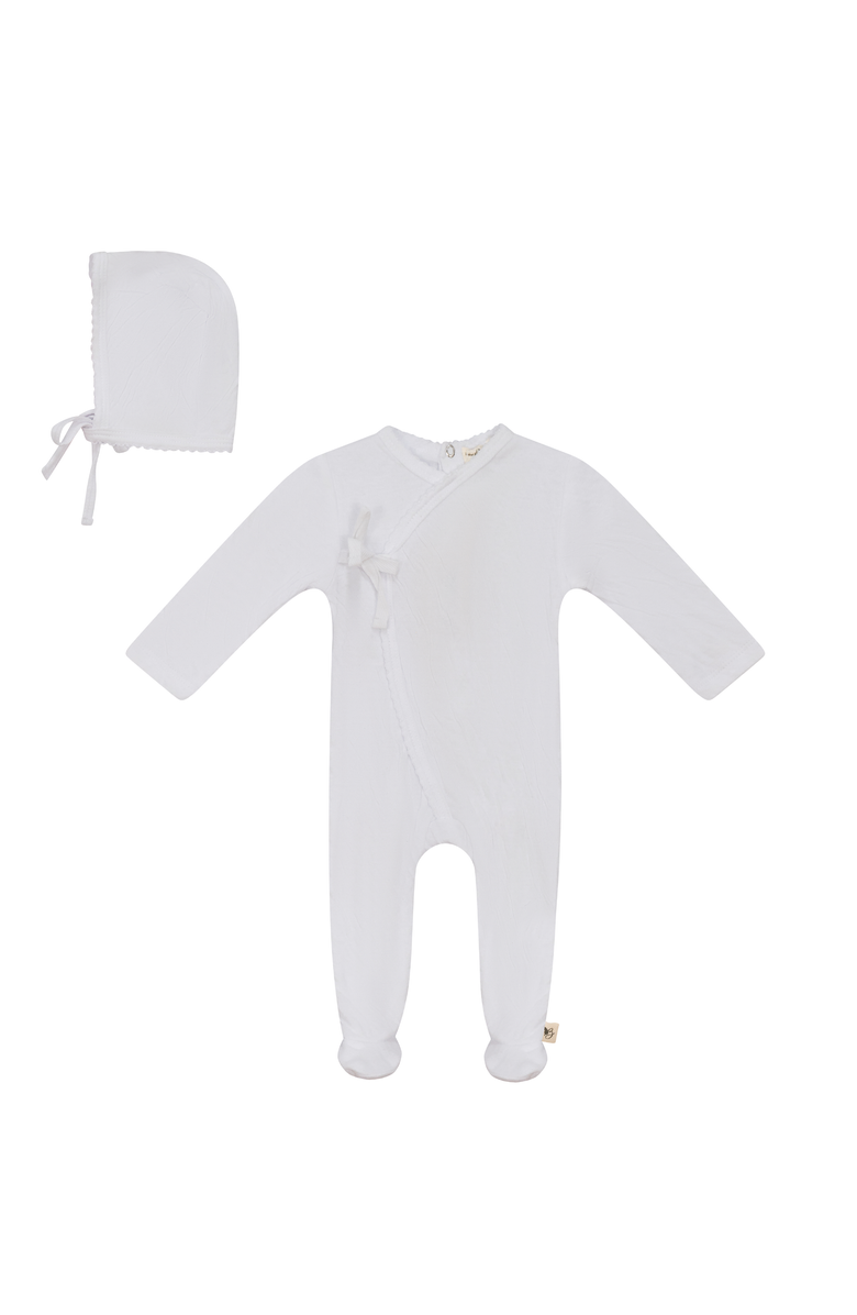 Bebe Bella Crinkled Jersey Wrap Romper with Bonnet, Main, color, White