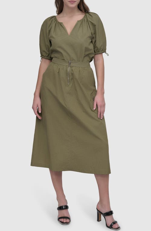 Shop Dkny Perforated Drawcord Puff Sleeve Top In Utility Green