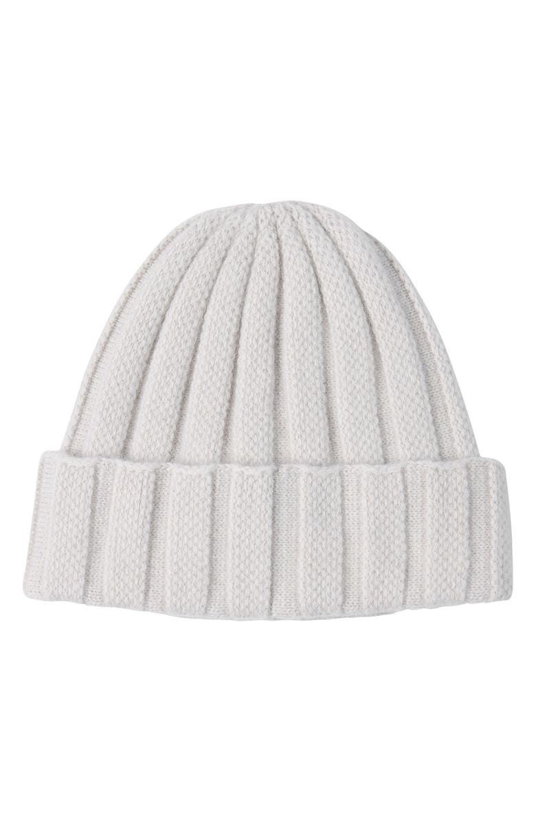 Sofia Cashmere Cable Stitch Cuffed Cashmere Beanie, Main, color, Silver