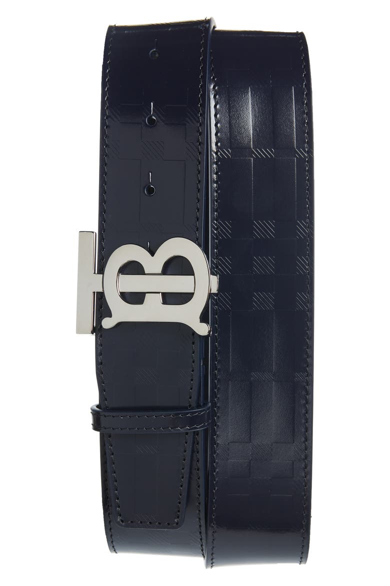 Reversible TB Monogram Check Embossed Leather Belt (Nordstrom Exclusive), Main, color, DARK CHARCOAL BLUE