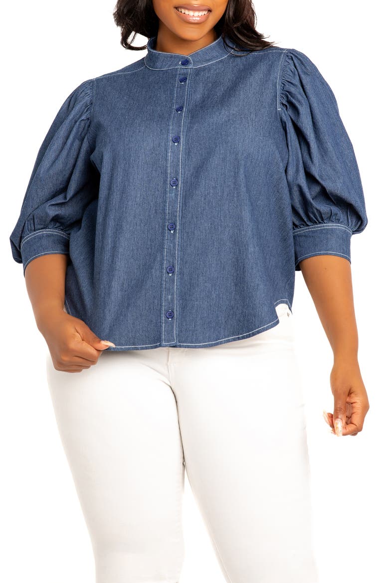 Bow Neck Denim Shirt, Alternate, color, DENIM BLUE