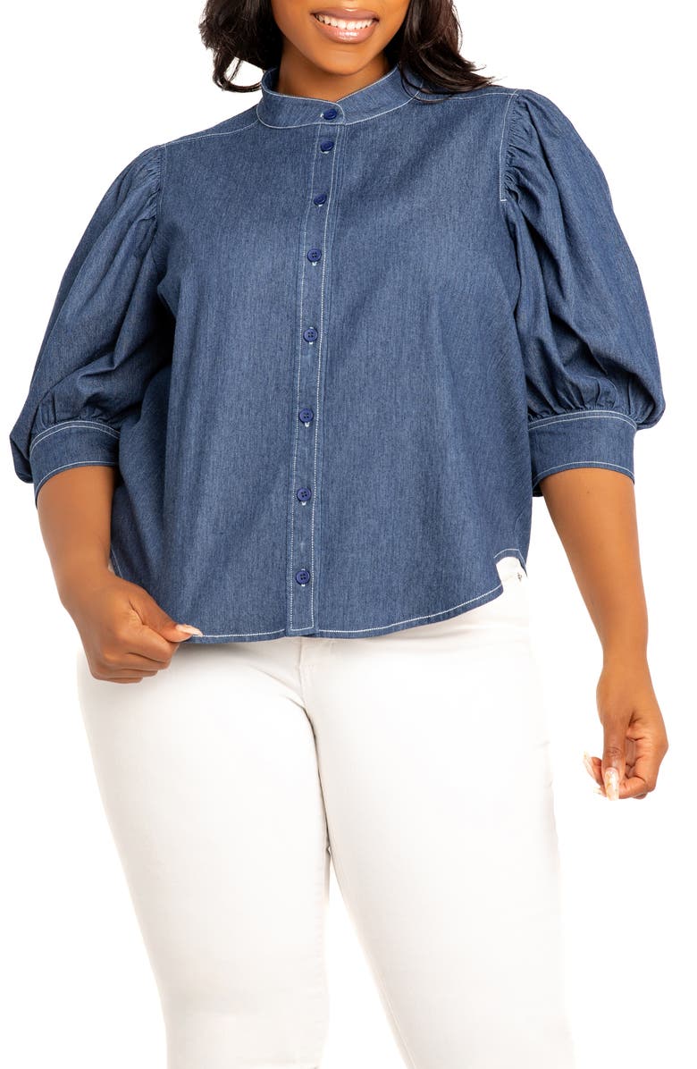 BUXOM COUTURE Bow Neck Denim Shirt, Alternate, color,