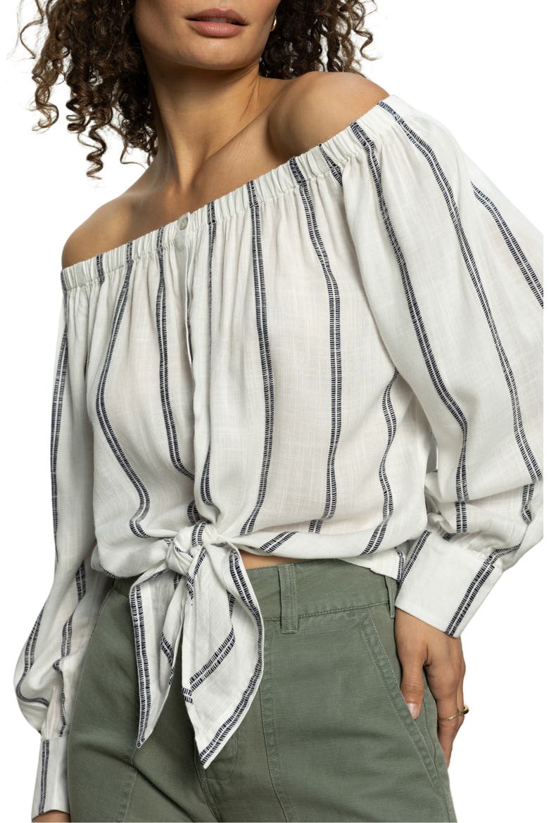 Off the Shoulder Ballet Tie Long Sleeve Shirt, Alternate, color, WHITE/ NAVY STRIPE
