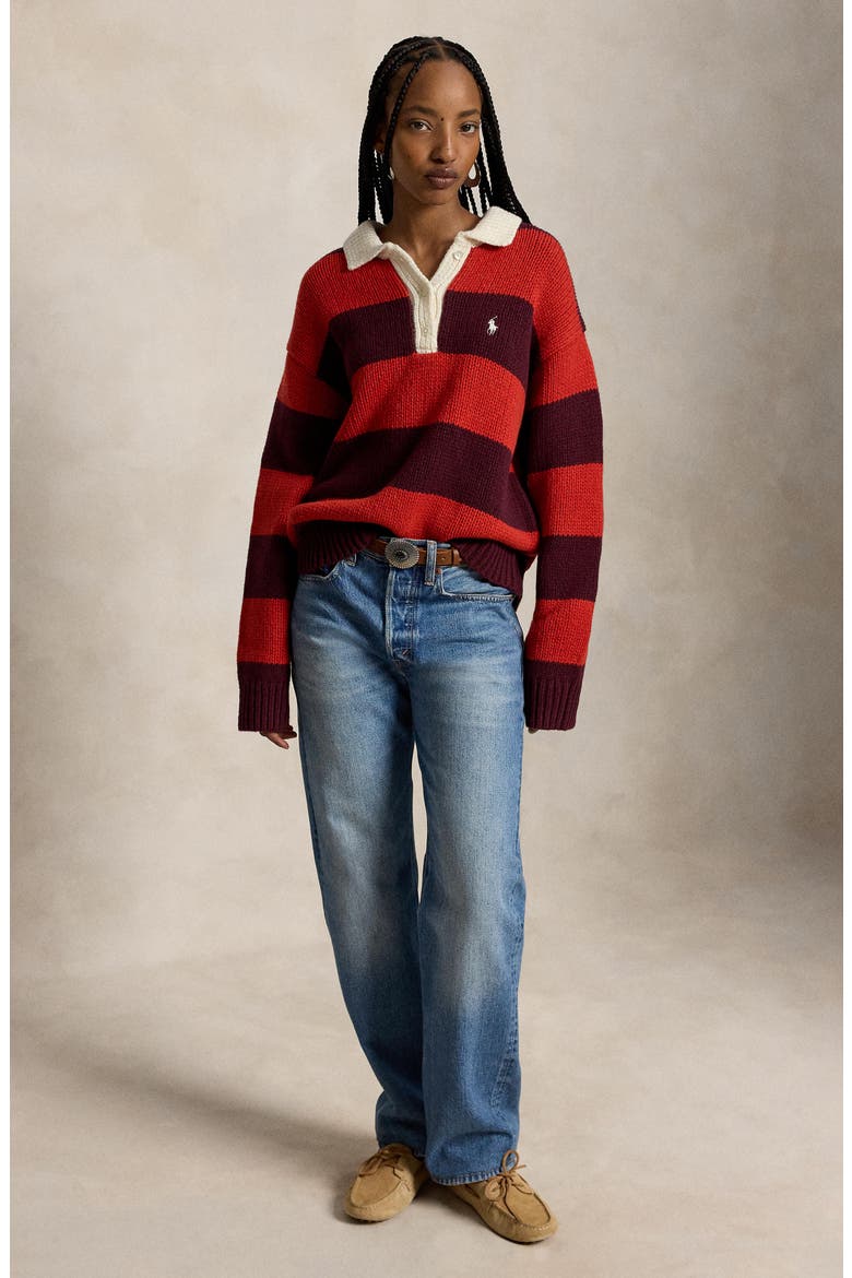 Stripe Oversize Wool Blend Rugby Polo Sweater, Alternate, color, HARVARD WINE/ BRANDY HEATHER