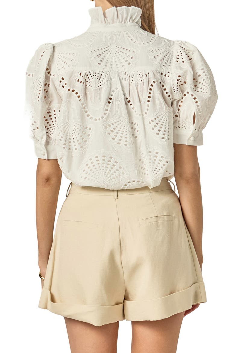 Embroidered Ruffle Short Sleeve Eyelet Shirt, Alternate, color, WHITE