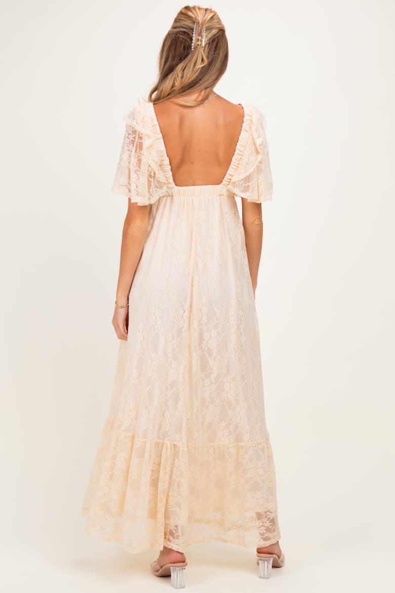 Lace Flutter Sleeve Tiered Maxi Dress, Alternate, color, Beige
