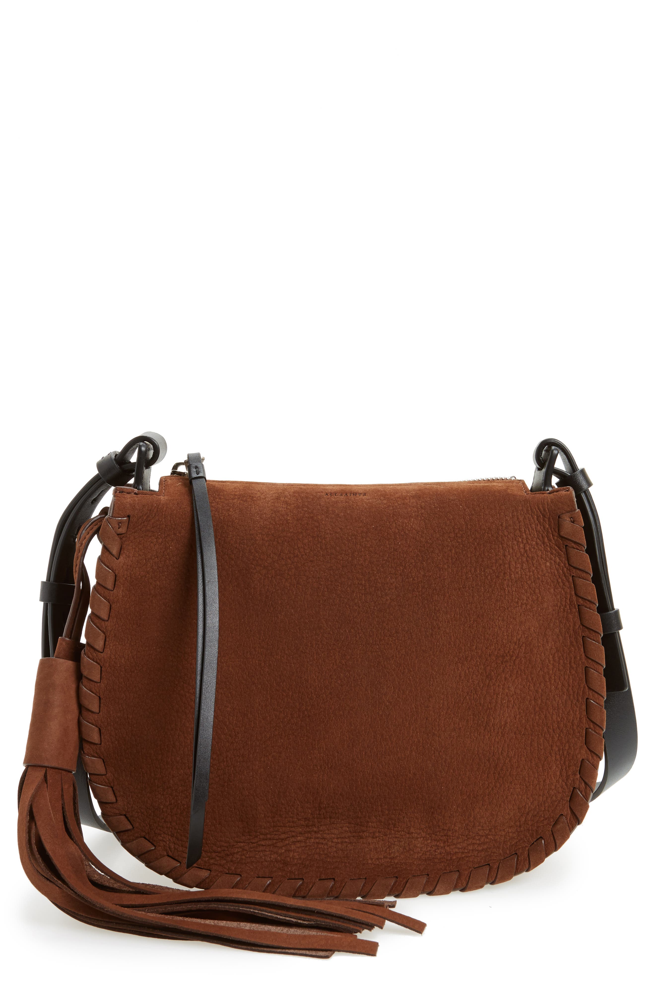 AllSaints Mori Suede Crossbody Bag, Main, color, 