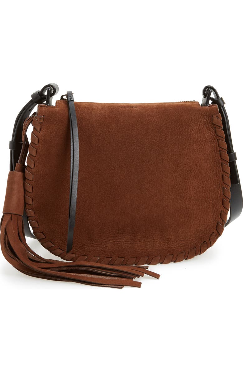 AllSaints Mori Suede Crossbody Bag, Main, color,