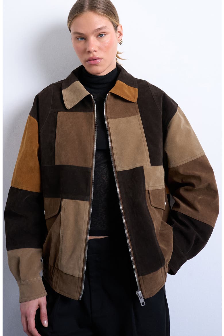 Patchwork Faux Suede Bomber Jacket, Main, color, BROWN MULTI
