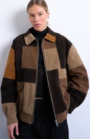 Topshop Patchwork Faux Suede Bomber Jacket