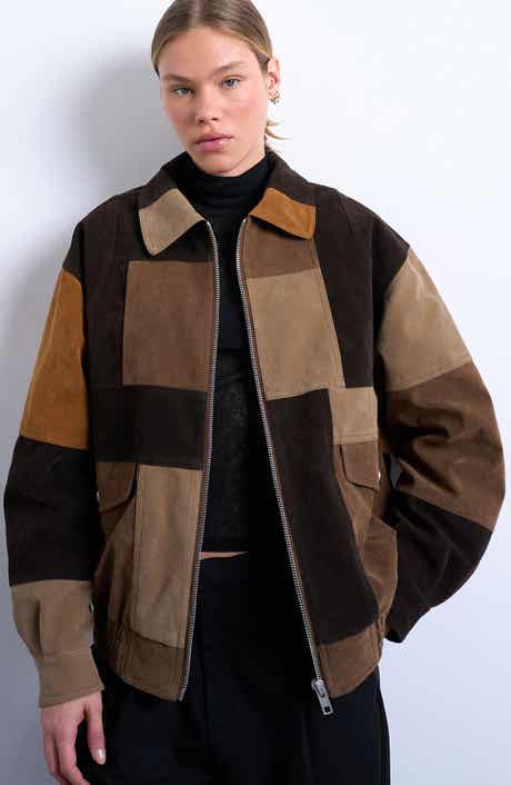 Topshop Patchwork Faux Suede Bomber Jacket